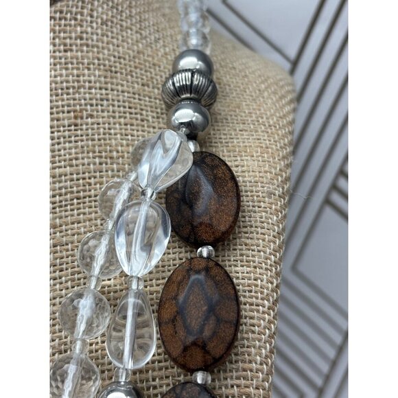 Silver Tone & Brown Bead Collar Statement Necklace Multi Strand Flower Boho - Picture 5 of 10